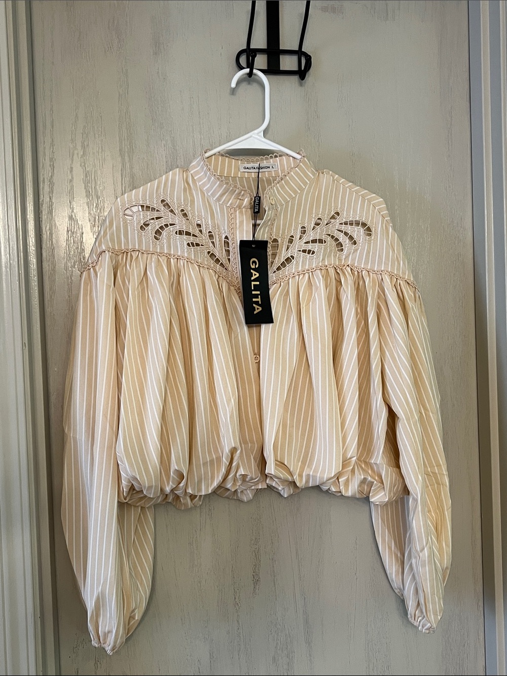 Galita Fashion Cream-Striped Button Front Peasant Blouse